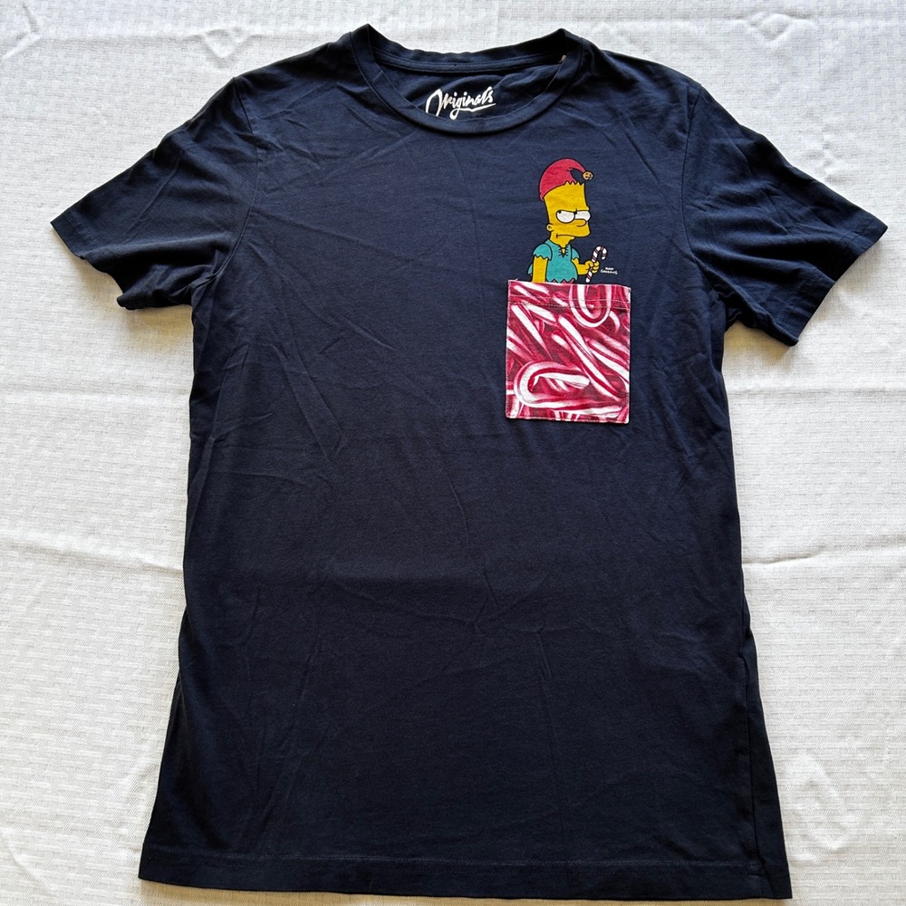 Bart‎ Simpson Christmas Pocket T-Shirt Navy Blue Mens Small Simpons